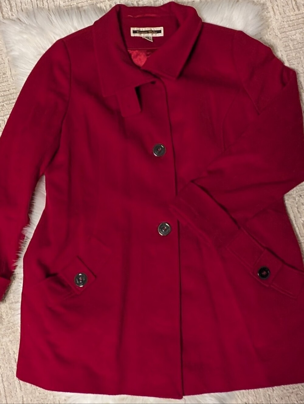Kristen Blake Deep Red Single-Breasted Wool Blend Pea Coat XL Vintage Satin Line